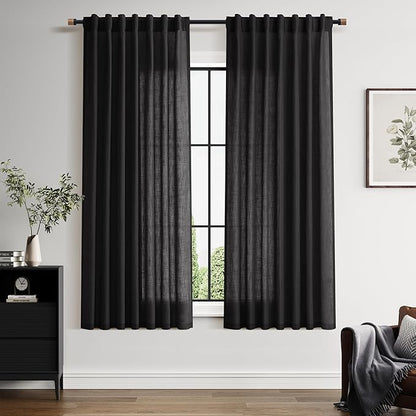 Vintage Black Linen Curtains 63 Inch Length for Living Room Light Filtering Semi Sheer Curtain Back Tab and Rod Pocket Privacy Luxury Gothic Vintage Decor Drapes for Bedroom Office 52x63, 2 Panels
