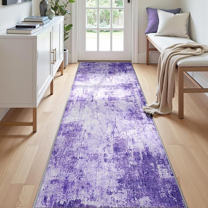 Washable Area Rugs 2'x6' Non-Slip Modern Abstract Soft for Living Room Entryway Bedroom Nursery, Print Pattern, Purple Gray Pink White