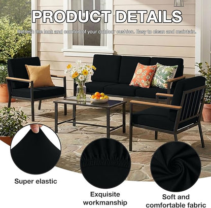 hyha 8Pcs Patio Cushion Covers, Stretch Outdoor Couch Cushion Covers Replacement, Washable Outdoor Chair/Sofa Slipcovers for Patio Furniture Cushions Protector with Elastic Bottom(Black,Cover Only)