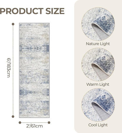 Washable Runner Rugs for Bedroom - 2x6 Runner Rug Non Slip, Ultra-Thin Entryway Runner, Soft Abstract Kitchen Runner for Hallway, Laundry, Indoor Door Mat(2'x6', Blue/Brown/Ivory)