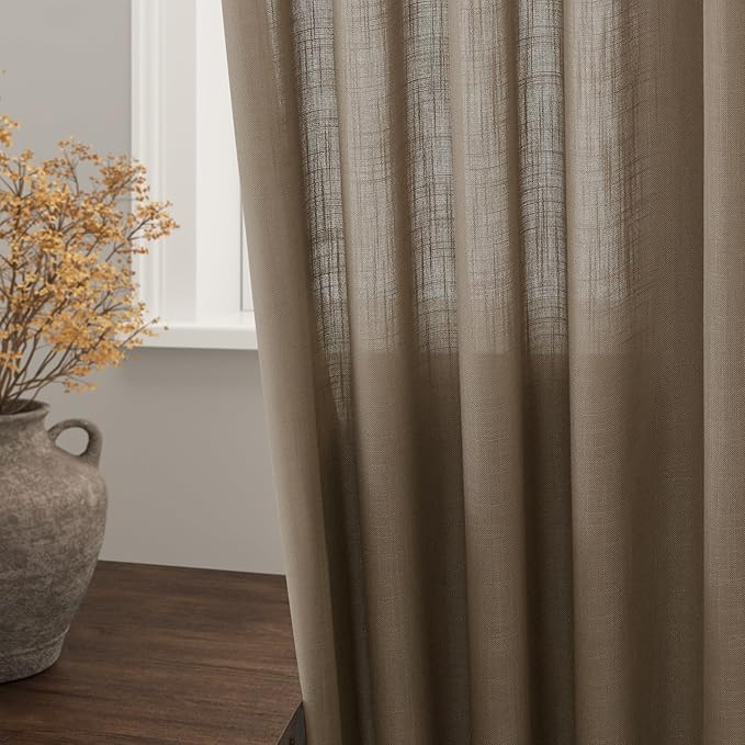 Dark Taupe Linen Curtains 90 Inch Length 2 Panels Set for Living Room Rod Pocket Back Tab Window Drapes Light Filtering Modern Farmhouse Curtain 90 Inches Long for Dining Room Bedroom Nursery 52x90
