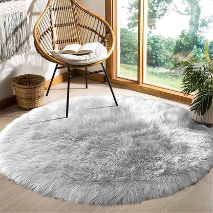 Goolela Grey Round Area Rug 6ft Fluffy Circle Faux Sheepskin Fur Carpet for Bedroom Living Room Fuzzy Furry Shaggy Luxury Washable