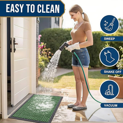 Smiry Front Door Mat Outside Entrance, Heavy Duty Sturdy Natural Rubber Doormat, Trap Dirt and Moisture, Easy Clean Low Profile Mats for Indoor Outdoor Entry, Irregular Triangle (29.5x17, Green)