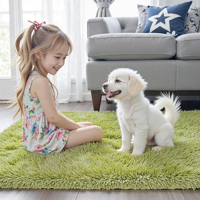 Green Grass Area Rugs for Bedroom, 3x5 Shag Fluffy Carpet, Fuzzy Furry Plush Soft Cute Kids Baby Girls Shaggy Bedside Floor Rug for Dorm Home Decor Aesthetic(3 x 5, Grass Green)