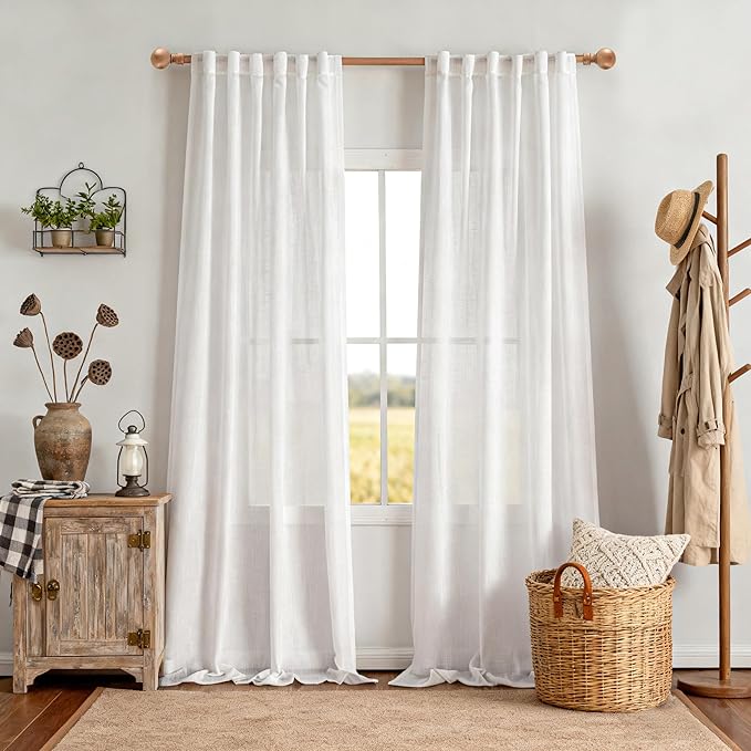 MYSKY HOME 108 Inches Long White Sheer Window Drapes 2 Panel Sets for Sliding Door Back Tab Draperies Linen Look Floor to Ceiling Curtains Soft Cotton Blend Light Filtering for Living Room