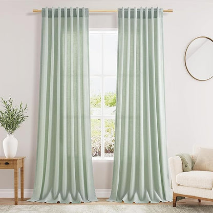 Nanspring Aqua Green Linen Curtains 102 Inches Long Rod Pocket Back Tab Drapes 2 Panels Set for Living Room Bedroom Light Filtering Semi Sheer Aqua Green Curtain 102 Length for Patio Door 52x102