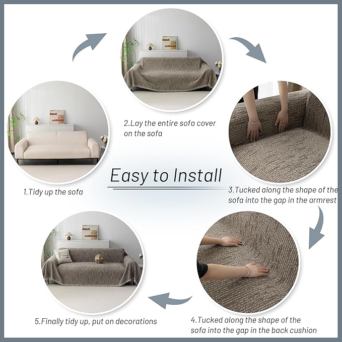 MYSKY HOME Boho Couch Cover Sand Sofa Covers Washable, Farmhouse Sofa Slipcover Simple Couch Protector for Dogs Chenille Sectional Couch Covers L Shaped Couch Cushion Covers, 91"x 134"
