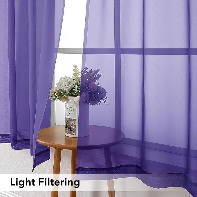 Simplebrand Purple Short Sheer Curtains 45 Inch Length for Small Windows, Rod Pocket 2 Panels Set Solid Voile Drapes Window Sheer Curtains for Bedroom Bathroom Kids Room Kitchen, 42x45 Inch