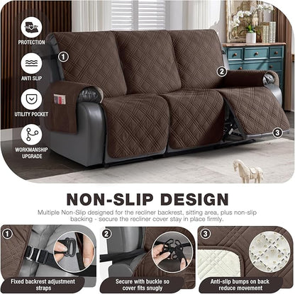 TAOCOCO 100% Waterproof Recliner Sofa Cover, Non Slip Split Couch Covers for Reclining Couches with Straps, Washable Reclining Sofa Cover Furniture Protector for Kids Pets(3 Seater, Dark Brown)