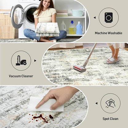 6x9 Area Rugs Washable Rug: Large Modern Abstract Living Room Rug Soft Anti-Skid Thin Carpet Indoor Floor Non-Shedding Carpets for Bedroom Dining Room Farmhouse Nursery Home Office Grey Brown