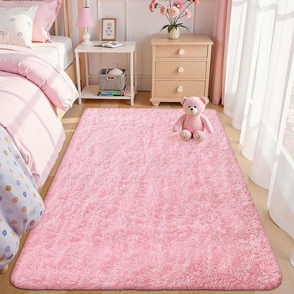OLANLY Area Rugs for Living Room Bedroom, Machine Washable 4x5.9 ft Soft Fluffy Shaggy Bedside Rug, Indoor Floor Carpet for Kids Girls and Boys, Dorms, Nursery Rooms, Home Decor Aesthetic, Pink