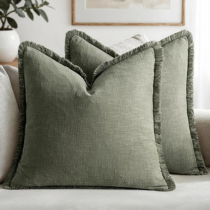 MIULEE Decorative Throw Pillow Covers Neutral Linen Fringe Throw Pillows Euro Shams Set of 2 Light Olive Green Boho Farmhouse Cushions for Couch Sofa Bed Living Room Spring Home Decor 28x28 Inch