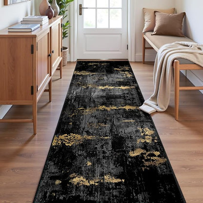 Washable Area Rugs 2'x6' Non-Slip Modern Abstract Soft for Living Room Entryway Bedroom Nursery, Print Pattern, Dark Black Gold