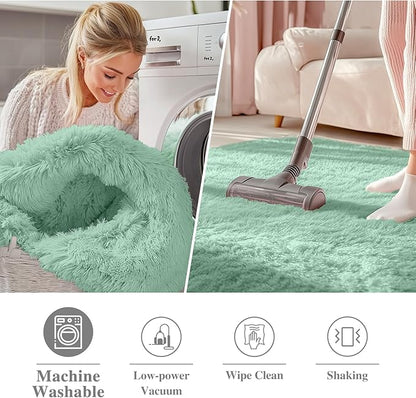 OLANLY Mint Green Round Rugs for Bedroom - Machine Washable, 5 ft Circle Area Rugs for Living Room, Soft and Fluffy Shaggy Carpet for Teen Girls and Boys, Nursery Rooms, Dorms, Home Decor Aesthetic