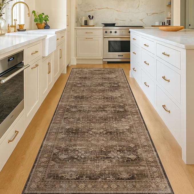 Hazo Haus Brown Neutral Boho Washable 3x12 Extra Long Hallway Runner Rug, Waterproof Large Kitchen Floor Rug Indoor, Non-Slip Stain & Fade Resistant, Vintage Dark Earthy Taupe Decor