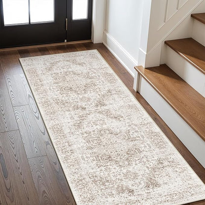 2x6 Washable Hallway Runner Rug - Non Slip Kitchen Runner Rugs with Rubber Backing Vintage Low-Pile Carpet Runners for Entryway Dining Room Laundry Room Home Decor (Cream/Camel)