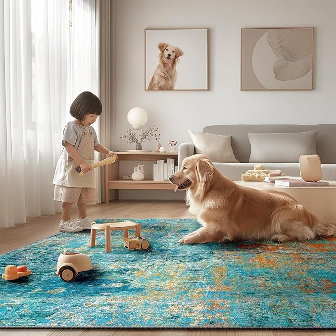 Washable Area Rugs 2'x10' Non-Slip Modern Abstract Soft for Living Room Entryway Bedroom Nursery, Print Pattern, Teal Blue Green Orange Rust Red Coloreful