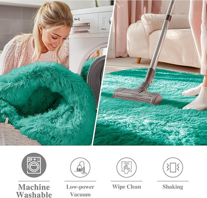 OLANLY Teal Green Round Rugs for Bedroom - Machine Washable, 5 ft Circle Area Rugs for Living Room, Soft and Fluffy Shaggy Carpet for Teen Girl and Boys, Nursery Rooms, Dorms, Home Decor Aesthetic