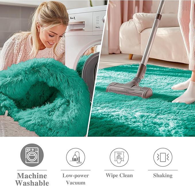 OLANLY Teal Green Round Rugs for Bedroom - Machine Washable, 8 ft Circle Area Rugs for Living Room, Soft and Fluffy Shaggy Carpet for Teen Girl and Boys, Nursery Rooms, Dorms, Home Decor Aesthetic