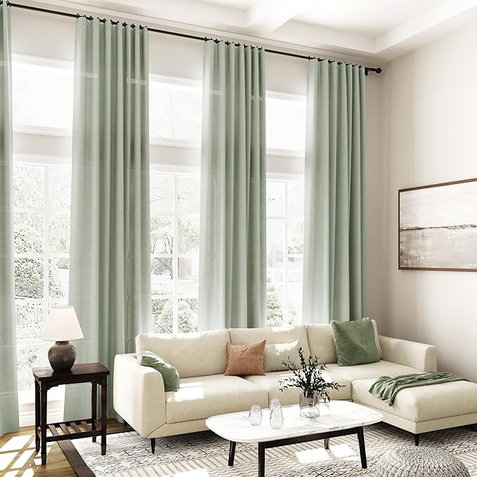 2 Panels Set Sage Green Linen Curtains 126 Inches Long for Living Room Extra Long Back Tab Curtain Neutral Farmhouse Light Filtering Semi Sheer Linen Drapes Ceiling to Floor for Large Window 52x126