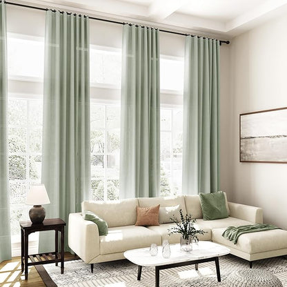2 Panels Set Sage Green Linen Curtains 126 Inches Long for Living Room Extra Long Back Tab Curtain Neutral Farmhouse Light Filtering Semi Sheer Linen Drapes Ceiling to Floor for Large Window 52x126