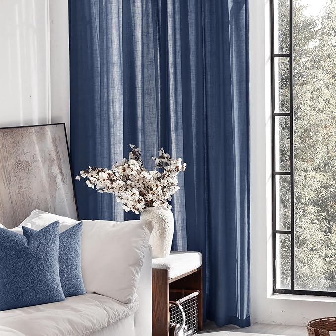 Navy Blue Curtains 84 inch Length for Bedroom Back Tab Light Filtering Semi Sheer Blue Living Room Curtains Linen Polyester Indigo Blue Drapery Panel Modern Farmhouse Aesthetic Decor Dark Blue