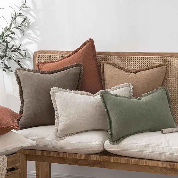 MIULEE Decorative Throw Pillow Covers Neutral Linen Fringe Throw Pillows Set of 2 Natural Coffee Boho Farmhouse Cushion Covers with Tassels for Couch Sofa Bed Living Room Spring Decor 18x18 Inch