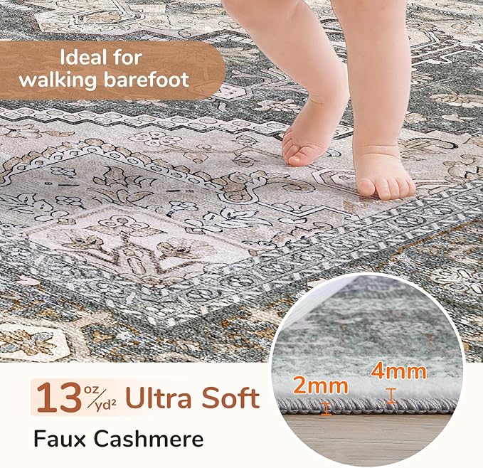 OPPODREAM Soft 10x14 Area Rugs, Washable Rugs 10x14 with Non Slip Backing, Low-Pile Faux Cashmere 10 x 14 Carpet, Greenish Grey