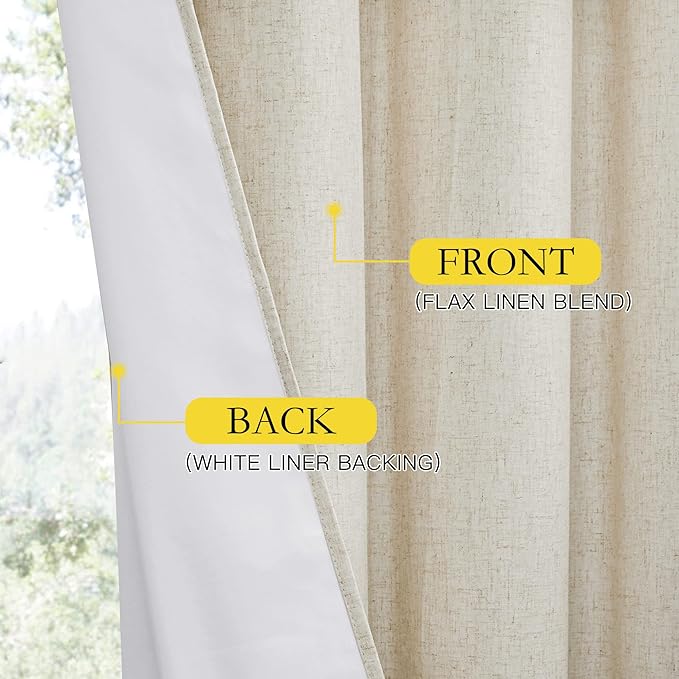 NICETOWN Natural Linen 100% Blackout Curtains 120 inches Length 2 Panels Set with Thermal Insulated Liners, 52" Width, Farmhouse Style Extra Long Window Draperies for Patio Sliding Glass Door