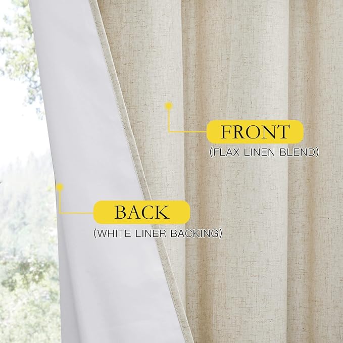 NICETOWN Natural Bedroom Full Blackout Linen Curtain Panels Set of 2, 62" by 72", Thick Insulated Classic Grommet Blackout Draperies with White Thermal Insulated Liner for Windows