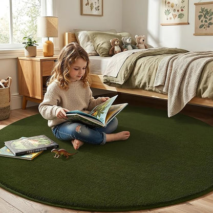 Amearea Olive Green Round Area Rugs 4ft Washable Circle Rugs for Bedroom Living Room, Fluffy Indoor Thickened Memory Foam Rug, Non Slip Minimalist Circular Carpet for Kids Boy Girl Dorm Nursery Room