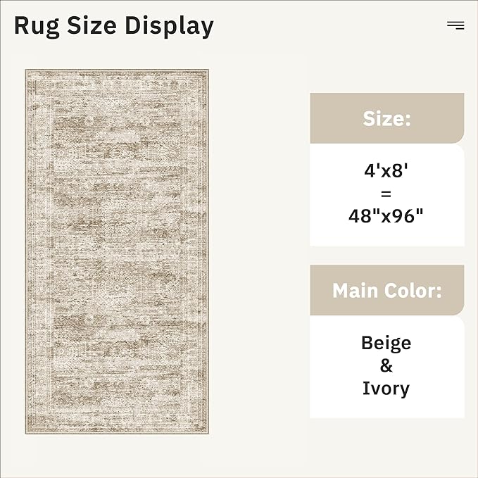 Hallway Runner Rug 4x8 Wide: Washable Thin Runners for Hallways Entry, Non Slip Soft Vintage Kitchen Area Rugs for Living Room Bedroom Dining Room Foyer (Brown, 4x8)
