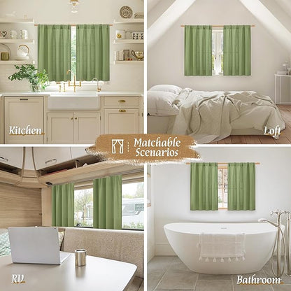 LAMIT 54 Inch Linen Curtains 2 Panels, Soft Faux Linen Light Filtering Panels Rod Pocket Farmhouse Privacy Drapes for Small Window/Loft Room, 42 x 54 Inch, Green