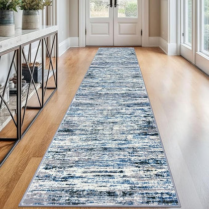 Lansny Modern Abstract Runner Rug 2.6x12, Grey Blue White Washable Long Kitchen Runner Non-Slip Soft Hallway Rug Runner Thin Print Faux Wool Carpet for Entryway Bedroom Laundry Room Indoor Home Decor