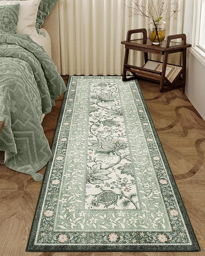 GarveeHome Sage Green 2x6 Washable Kitchen Runner Rugs Non Slip Provence Vintage Boho Cottage Long Rug for Hallways Bedroom Entryway Bathroom Mat with Rubber Back