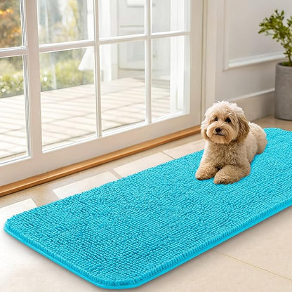 OLANLY Dog Door Mat for Muddy Paws 47x17, Absorbs Moisture and Dirt, Absorbent Non-Slip Washable Doormat, Quick Dry Chenille Mud Mat for Dogs, Entry Indoor Entryway Carpet for Inside Floor, Aqua Blue