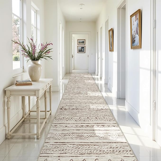 Ksrau 3x20 Runner Rug Washable - Extra Long Non-Slip Modern Runners for Hallway Soft Moroccan Low Pile Indoor Floor Mat for Living Room Kitchen Waterproof Geometric Runner Rugs Entryway 3x20 Beige