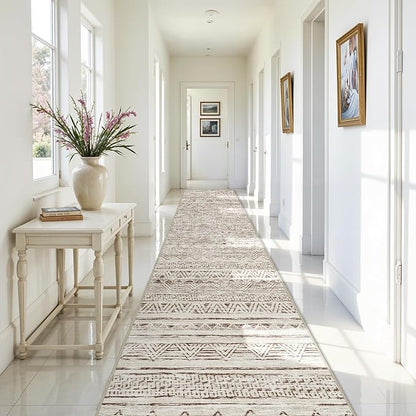 Ksrau 3x20 Runner Rug Washable - Extra Long Non-Slip Modern Runners for Hallway Soft Moroccan Low Pile Indoor Floor Mat for Living Room Kitchen Waterproof Geometric Runner Rugs Entryway 3x20 Beige