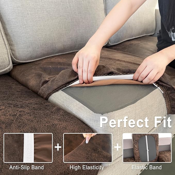 Leather Look Couch Cushion Covers Sofa Seat Slipcovers Sets Couches Furniture Protector for Sectional Armchair Loveseat Pets Kids Stretch Spandex Fabric (2 Cushion Sofa, Dark Brown)