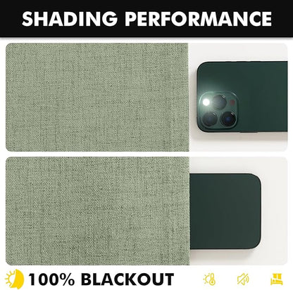 MIULEE 100% Blackout Linen Curtains for Bedroom, Sage Green Solid Luxury Decor Thermal Insulation Room Darkening Drapes for Living Room Nursery Back Tab Rod Pocket 42 x 108 Inches, 2 Panels