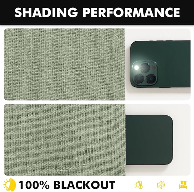 MIULEE 100% Blackout Linen Curtains for Bedroom, Sage Green Solid Luxury Decor Thermal Insulation Room Darkening Drapes for Living Room Nursery Back Tab Rod Pocket 42 x 72 Inches, 2 Panels