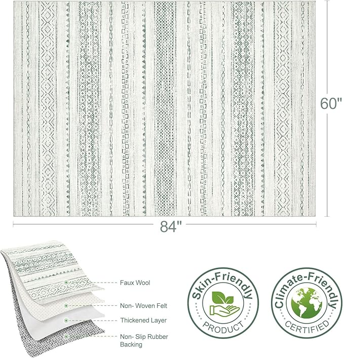 Nakagishi Green Rug Living Room 5x7: Washable Boho Large Neutral Farmhouse Soft Area Rugs Modern Stain Resistant Moroccan Indoor Non Slip Floor Carpet for Bedroom Nursery Kids Playroom Office