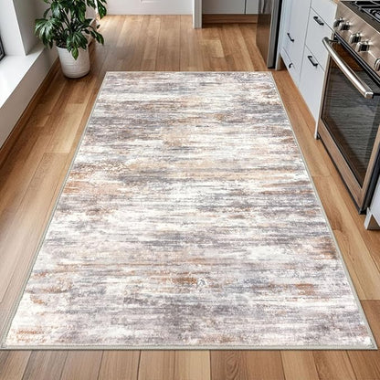 KOZYFLY Modern Abstract 4x6 Rug Washable Large Rugs for Entryway Non-Slip Soft Living Room Rug, Print Multi Grey/Orange Throw Rugs Indoor Mat for High-Traffic Door Entrance
