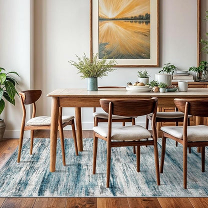 KOZYFLY Washable Area Rug 5x7 Modern Ombre Living Room Thin Rug Non-Slip Soft Striped Rug for Bedroom, Print Blue Abstract Carpet for Laundry Kid Room