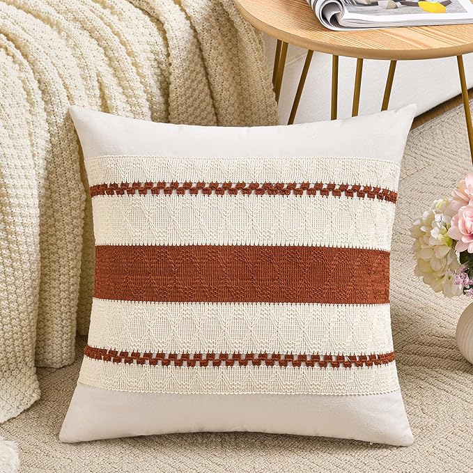 Fancy Homi Set of 1 Rust Boho Decorative Throw Pillow Covers 18x18 Inch for Couch Bed Sofa, Aesthetic Modern Organic Fall Room Decor, Soft Cotton Cute Terracotta Textured Farmhouse Cushion Case