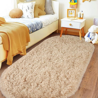 Pionblank Fluffy Area Rug for Bedroom 3.3'x6.2', Shag Oval Rug for Bedside, Ultra Soft Cute Plush Carpet for Living Room Kids Girls Boys Room Nursery Teens Dorm Home Decor, Camel