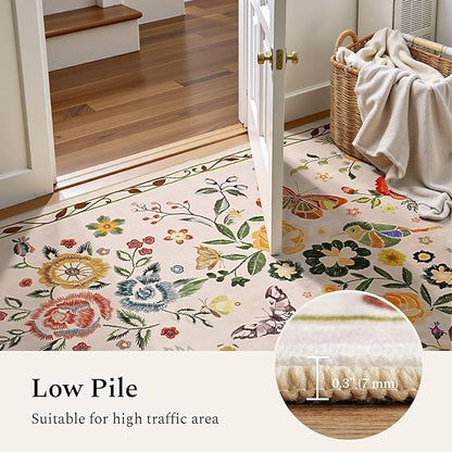 Rugflix 5x7 Washable Area Rug for Living Room, Soft Non Slip Low Pile Carpet, Floral Vintage Stain Resistant Rugs for Bedroom, Dining Room, Home Office, Beige