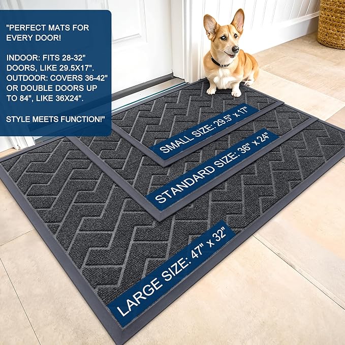OLANLY Front Door Mat Indoor Outdoor Entrance, Waterproof All-Season, All-Weather Doormat, Sturdy Natural Rubber, Low Profile, Easy Clean Patio Porch Entryway Mat, Herringbone Brick (Grey, 47x32)