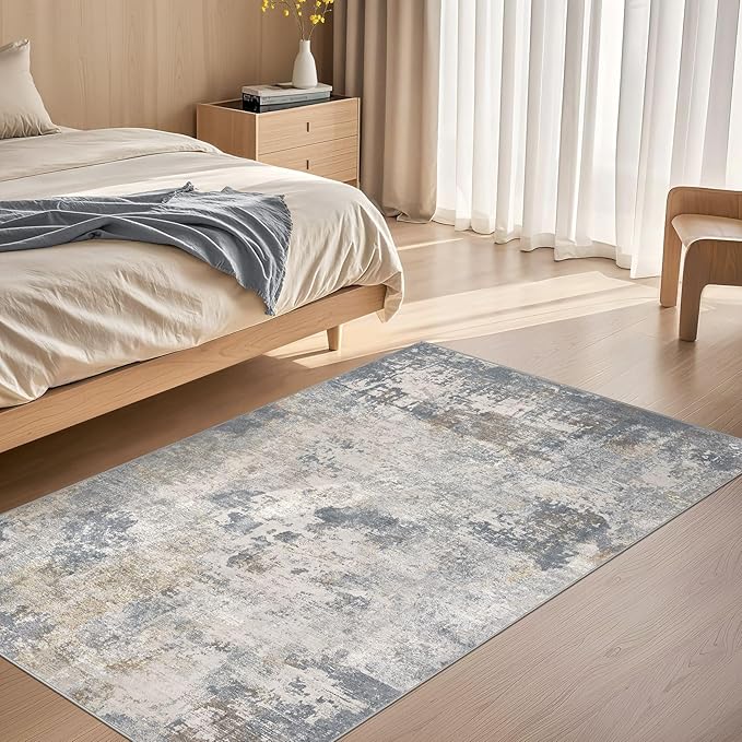 UERMEI 3x5 Area Rug Living Room Rugs - Washable Neutral Modern Abstract Soft Thin Rug Indoor Floor No Slip Rug Carpet for Bedroom Under Dining Table Home Office Decor - Blue Grey