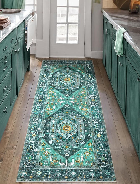 SERISSA Boho Washable Runner Rug, 2x5 Rug Runner Non-Slip Vintage Teal Hallway Kitchen Runner Rug Ultra Soft Print Distressed Tribal Floor Carpet Runner for Bedroom Bathroom Laundry Living Room